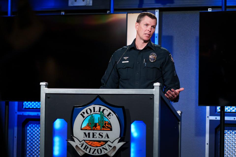 Sawn Walkington of the Mesa Police Department traffic unit speaks to the media in Mesa on March 16, 2023, about a recent single-vehicle accident that resulted in the deaths of three teens.