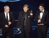 <p>Les Miserables<br>Sound mixers (L-R) Simon Hayes, Andy Nelson and Mark Paterson accept the Oscar for Best Sound Mixing for their epic work on musical Les Mis.</p>