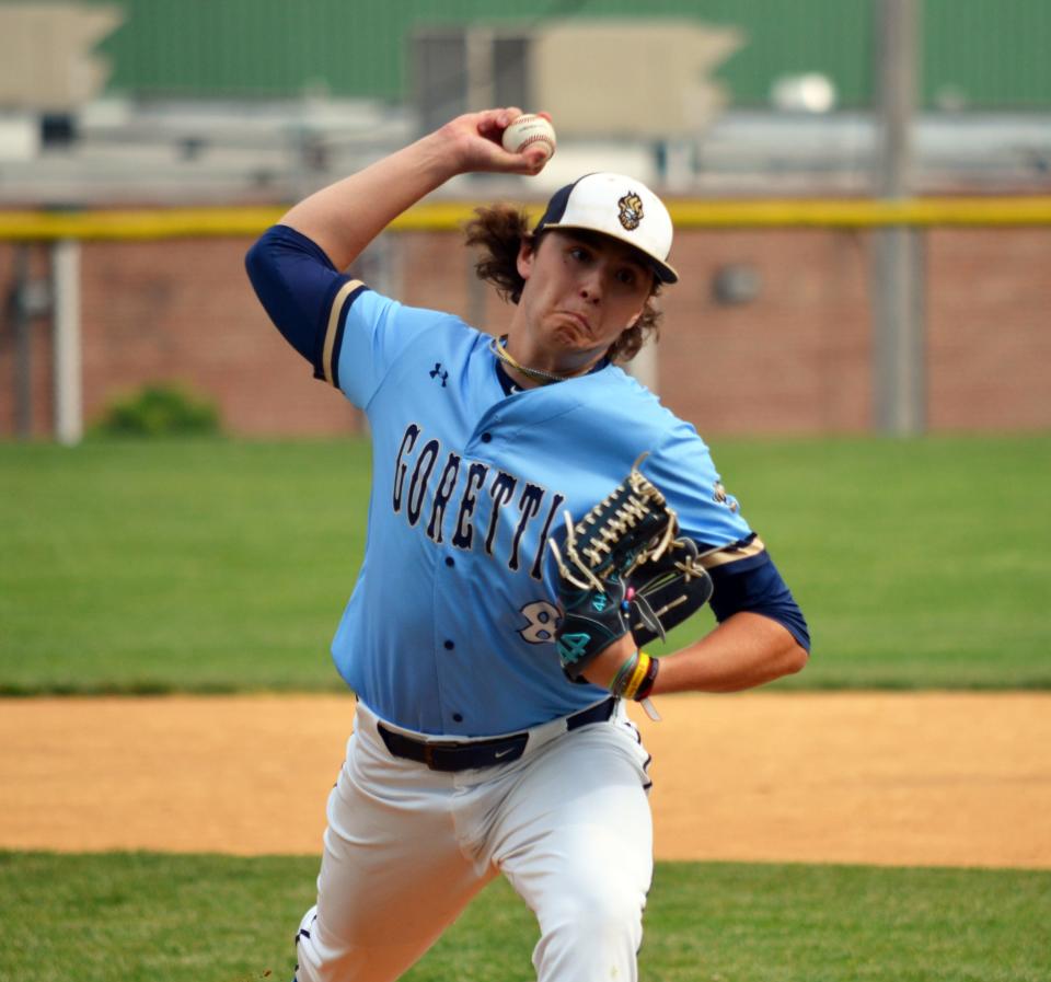 St. Maria Goretti's Andrew Kerns delivers a pitch during the 2023 Old Line League championship game against Riverdale Baptist.