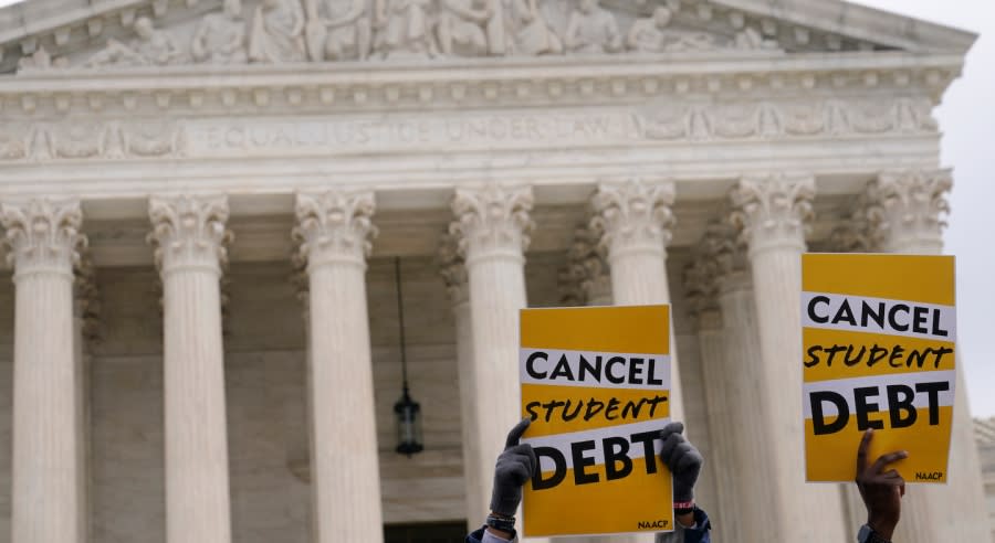 <em>Student debt relief advocates gather outside the Supreme Court on Capitol Hill in Washington, Tuesday, Feb. 28, 2023. </em>(AP Photo/Patrick Semansky)