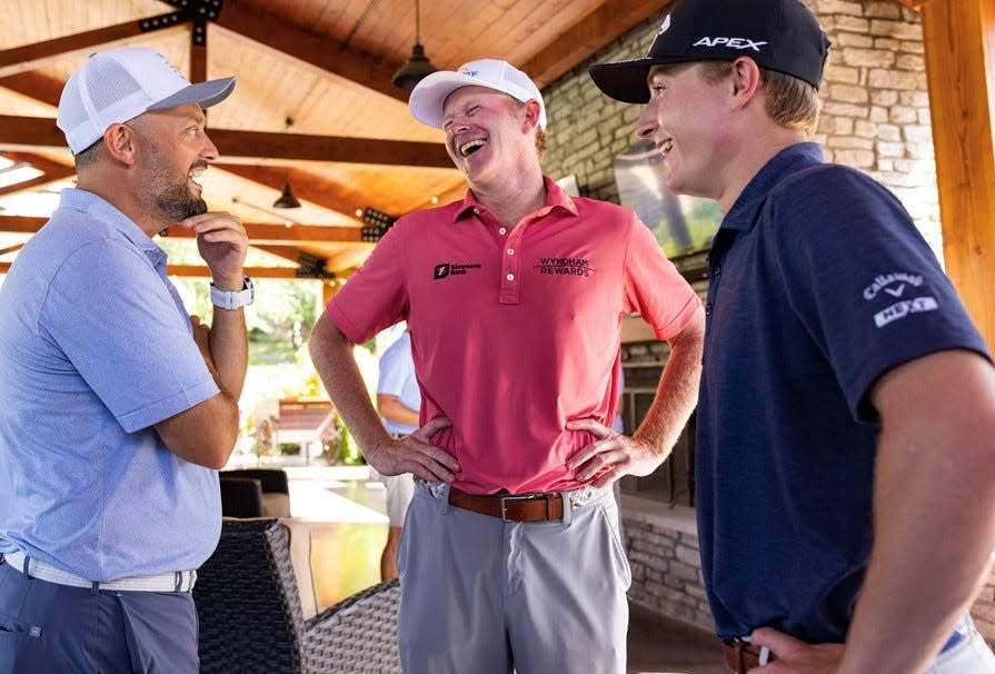 Comedian Nate Bargatze, left, PGA pro Brandt Snedeker and Brentwood Academy's Blades Brown, one of the nation's top young golfers, share a laugh after playing in the Sneds & Friends Pro-Am at Golf Club of Tennessee in Kingston Springs.