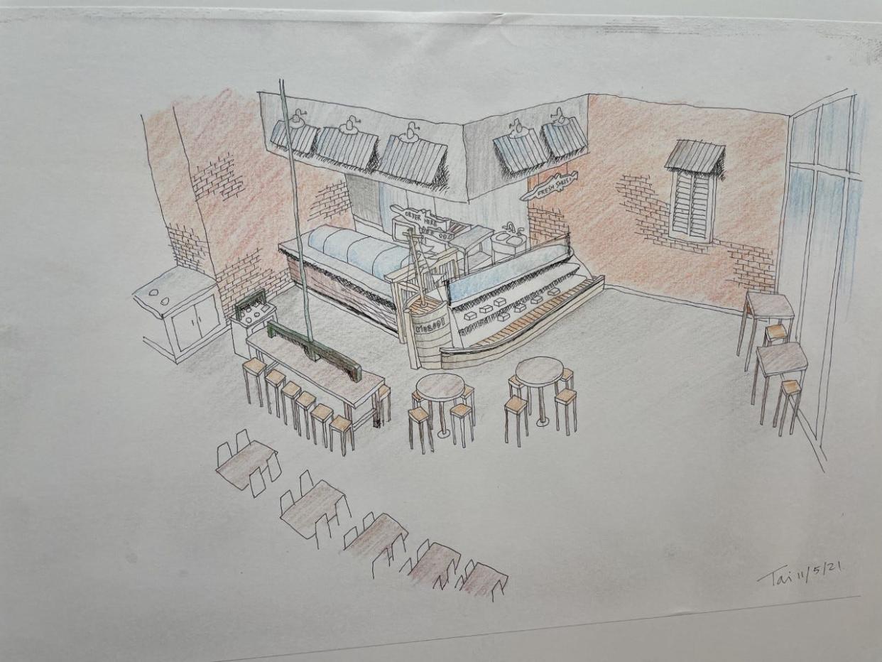 A sketch of the plans for the interior of the new Max Orient restaurant opening this summer in Springfield.