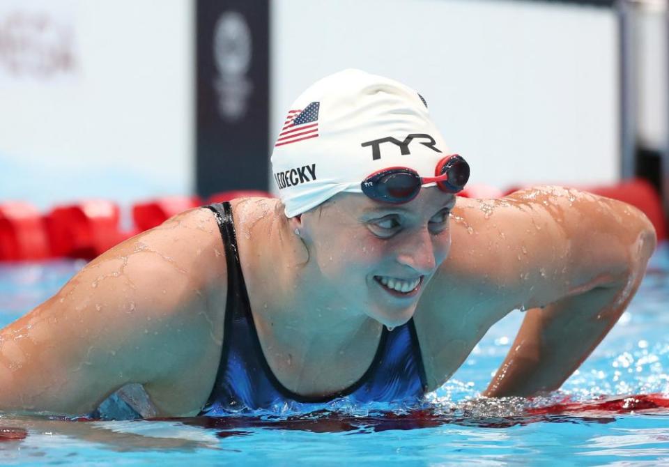 Katie Ledecky of Team USA after recording the fastest time in the women’s 400m freestyle heats at the Tokyo Olympics.