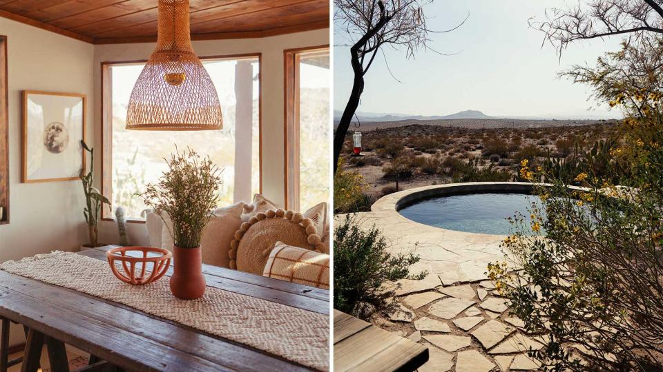 Pair of photos show the dining table and the pool at the Joshua Tree House Hacienda rental property