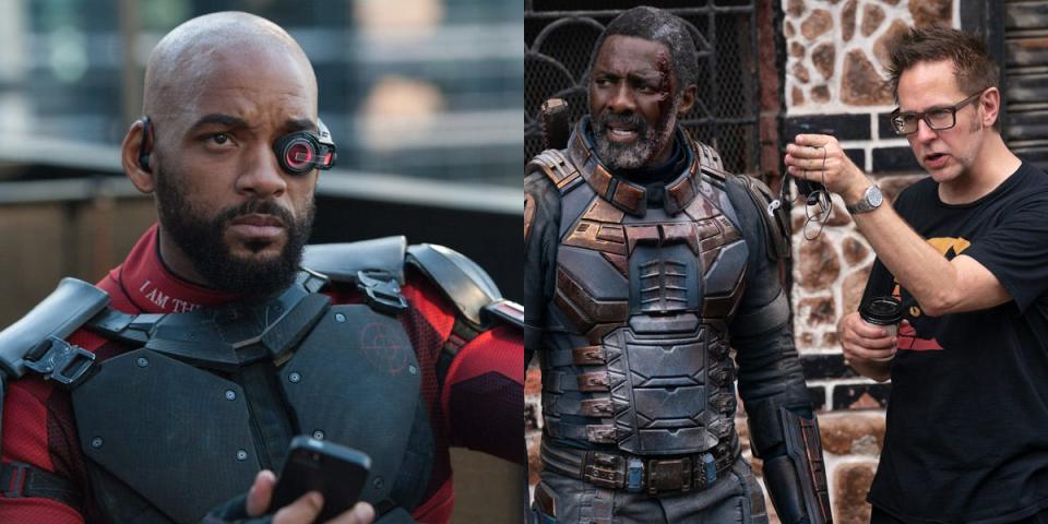 Will Smith as Deadshot in 2016's "The Suicide Squad" and Idris Elba and James Gunn on the set of 2021's "The Suicide Squad."