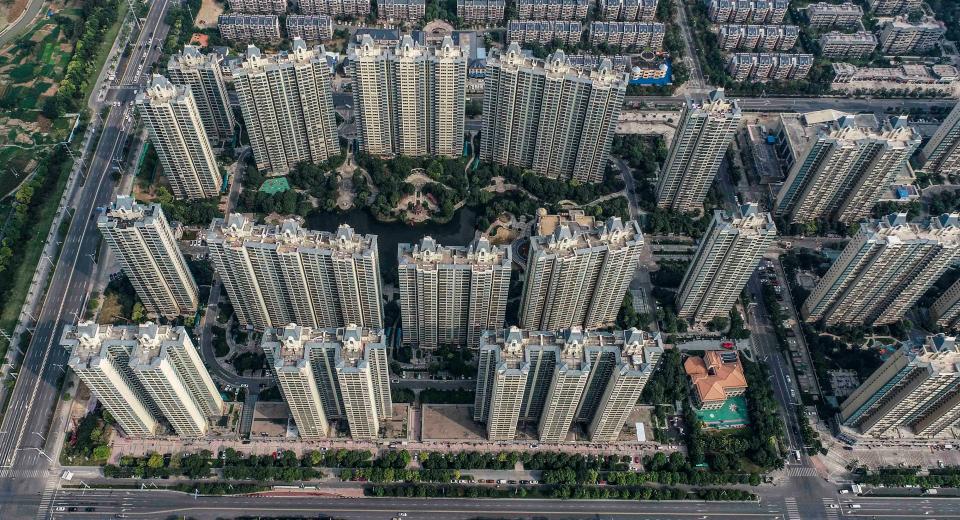 This aerial photo taken on September 17, 2021 shows a housing complex by Chinese property developer Evergrande in Huaian in China's eastern Jiangsu province. - China OUT (Photo by STR / AFP) / China OUT (Photo by STR/AFP via Getty Images)