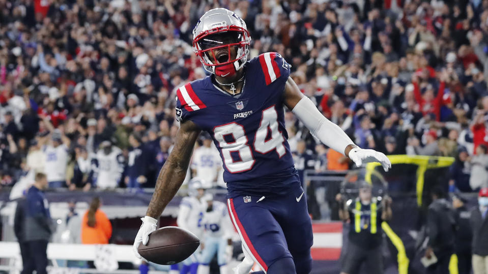 New England Patriots wide receiver Kendrick Bourne (84) celebrates in the end zone after his touchdown against the Dallas Cowboys during the second half of an NFL football game, Sunday, Oct. 17, 2021, in Foxborough, Mass. (AP Photo/Michael Dwyer)