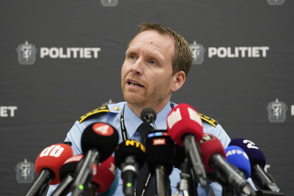 Police Inspector Per Thomas Omholt holds a press conference about the development in the murder case in Kongsberg, Norway, Friday, Oct. 15, 2021. The suspect in a bow-and-arrow attack that killed five people and wounded three in a small Norwegian town is facing a custody hearing Friday. He won’t appear in court because he has has confessed to the killings and has agreed to being held in custody. (Terje Bendiksby/NTB via AP)