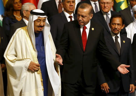 Turkish President Tayyip Erdogan and King Salman of Saudi Arabia (L) are pictured during a family photo session at the Organisation of Islamic Cooperation (OIC) Istanbul Summit in Istanbul, Turkey April 14, 2016. REUTERS/Murad Sezer