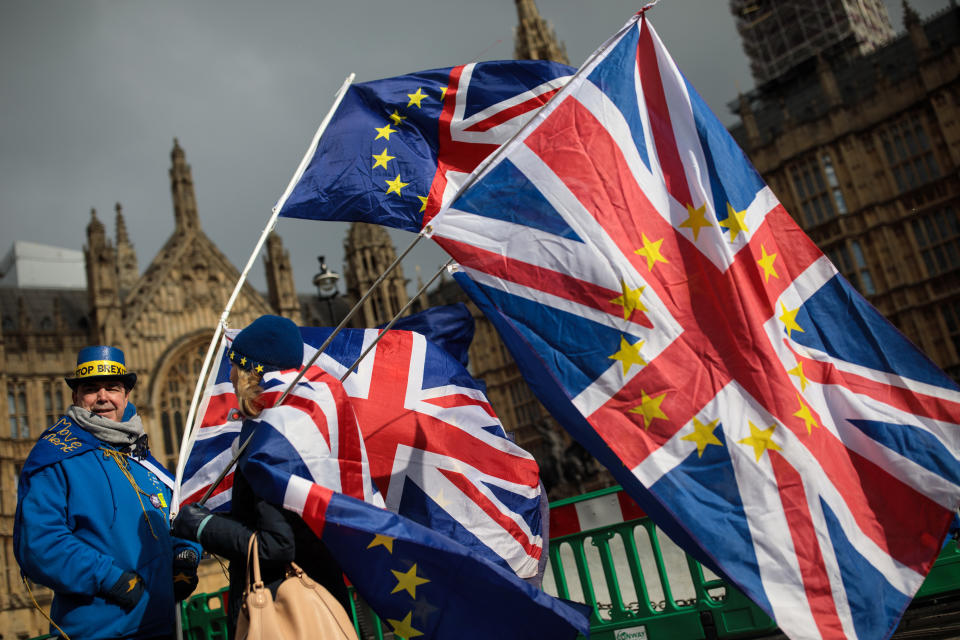 Crunch vote: Anti-Brexit demonstrators protest with flags outside the Houses of Commons. Photo: Jack Taylor/Getty Images.