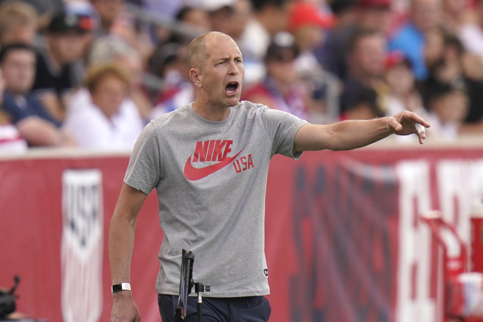 United States head coach Gregg Berhalter shouts to his team in the first half during an international friendly soccer match against Costa Rica Wednesday, June 9, 2021, in Sandy, Utah. (AP Photo/Rick Bowmer)