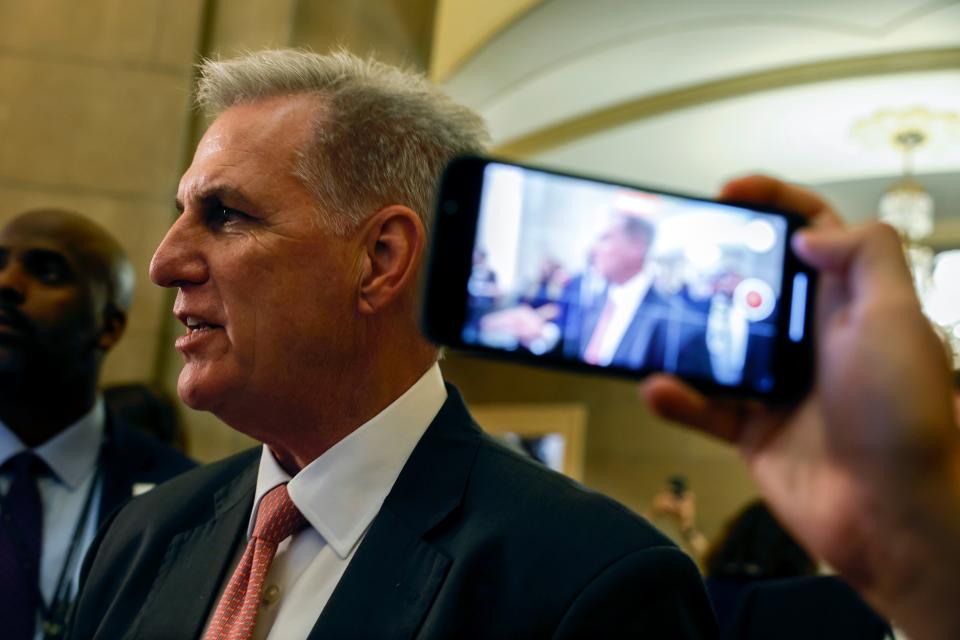 U.S. Speaker of the House Kevin McCarthy, R-Calif., speaks to reporters as he walks to his office in the U.S. Capitol Building on July 13, 2023 in Washington, DC.