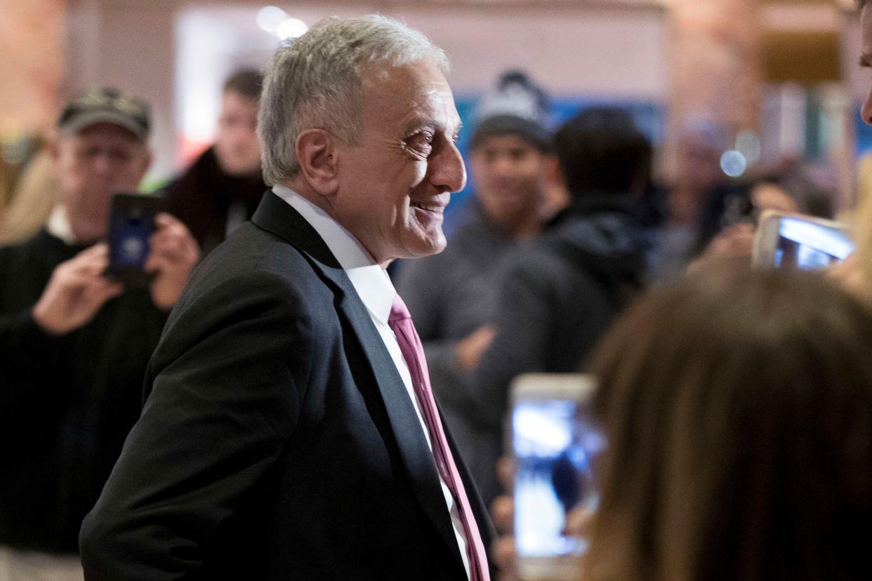 FILE - Carl Paladino speaks to members of the media at Trump Tower in New York, Dec. 5, 2016. 