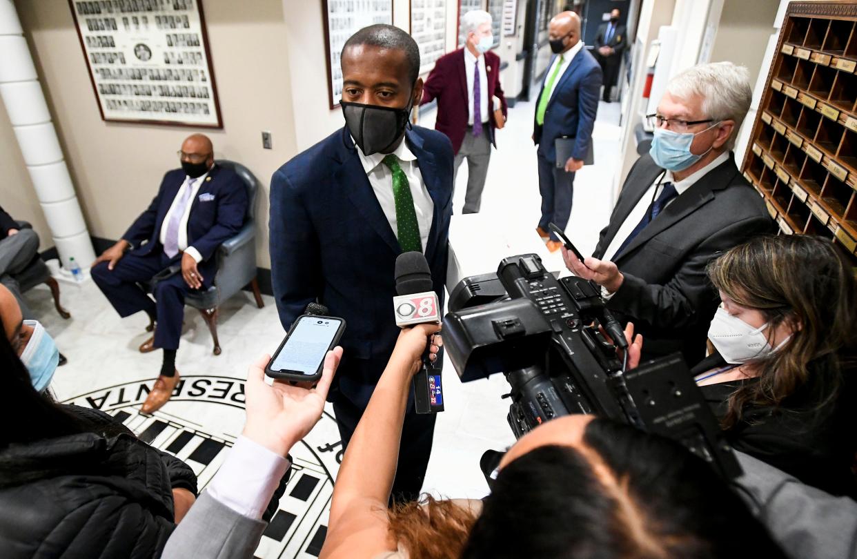 Rep. Anthony Daniels comments on the redistricting court decision before the house comes in for the special session at the Alabama Statehouse in Montgomery, Ala., on Tuesday January 25, 2022. 