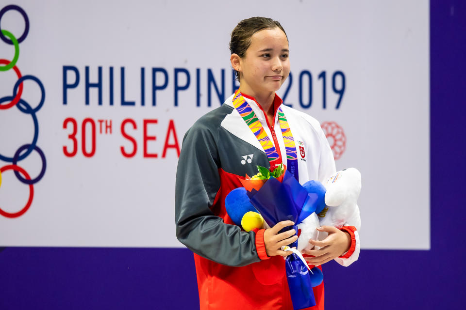 Singapore swimmer Elena Pedersen wins gold in the women's 50m backstroke at the SEA Games. (PHOTO: SNOC/Andy Chua)