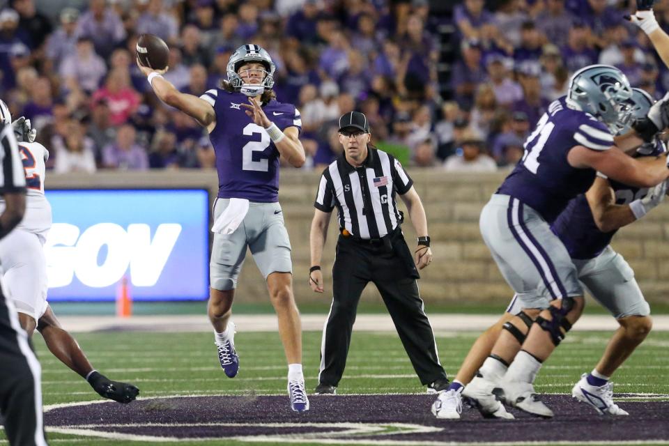 Aug 31, 2024; Manhattan, Kansas, USA; Kansas State Wildcats quarterback Avery Johnson (2) passes the ball during the third quarter against the Tennessee-Martin Skyhawks at Bill Snyder Family Football Stadium. Mandatory Credit: Scott Sewell-USA TODAY Sports