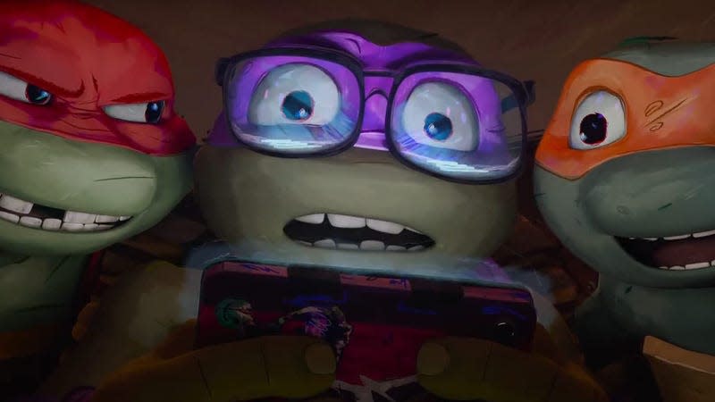 Raph, Donnie, and Mikey in Teenage Mutant Ninja Turtles: Mutant Mayhem. 