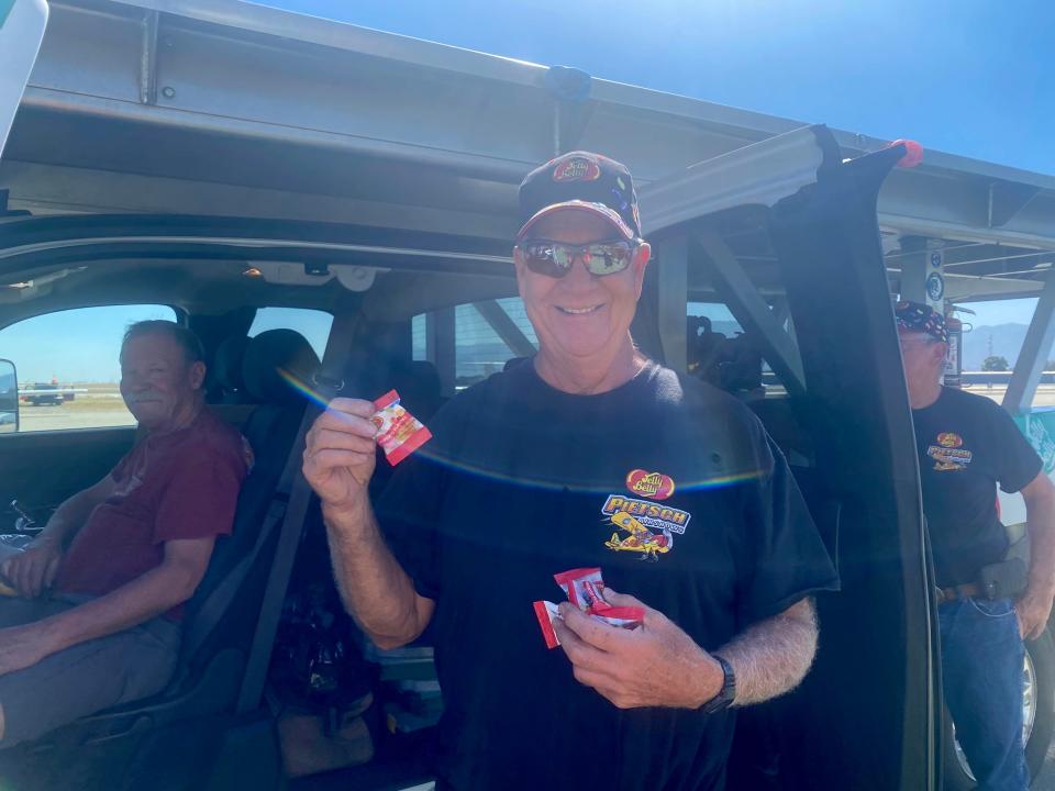 Kent Pietsch holds pouches of Jelly Belly jelly beans at the California International Airshow in Salinas on 7 Oct. 2023.