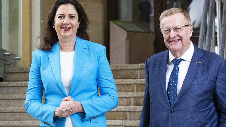 Queensland Premier Annastacia Palaszczuk and Australian Olympic Committee president John Coates, pictured here speaking to the media in Brisbane.