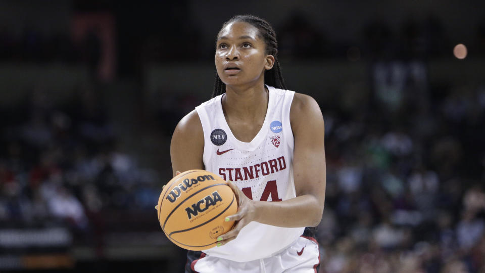 Stanford forward Kiki Iriafen (44) during a college basketball game against Maryland in the Sweet 16 round of the NCAA tournament, Friday, March 25, 2022, in Spokane, Wash. (AP Photo/Young Kwak)