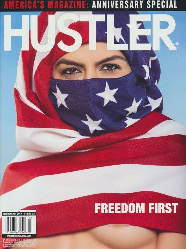 <em>Hustler</em> magazine’s 2017 anniversary issue incites backlash for its salacious use of an American flag. (Photo: Hustler Magazine)