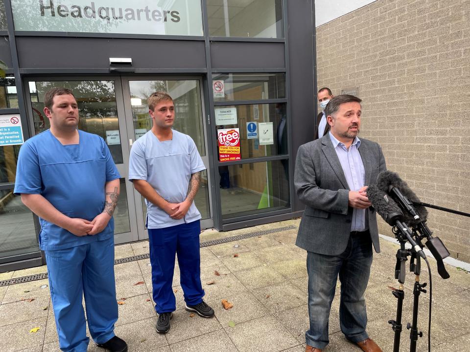 Corporal Lewis Maxwell (left) and Private Benjamin Brown met with health minister Robin Swann at the end of their deployment in Northern Ireland (Jonathan McCambridge/PA)