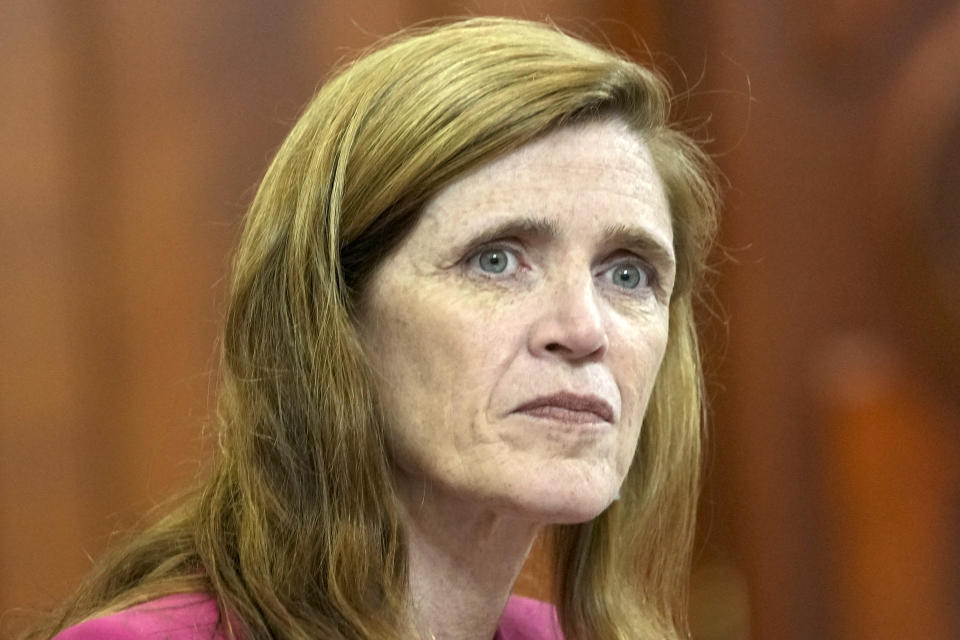 U.S. Agency for International Development (USAID) Administrator Samantha Power listens Serbian Prime Minister Ana Brnabic during talks in Belgrade, Serbia, Wednesday, May 10, 2023. Power arrived in Belgrade for the start of a week long visit to Serbia and Kosovo. (AP Photo/Darko Vojinovic)