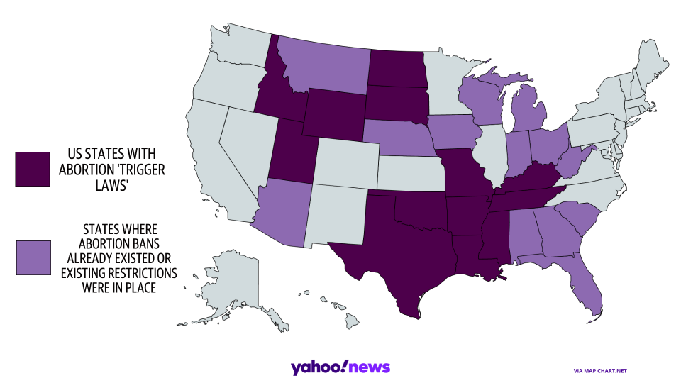 A map showing the US states that have trigger laws on abortion – some of which have already moved to ban it – and those which have abortion restrictions in place. 