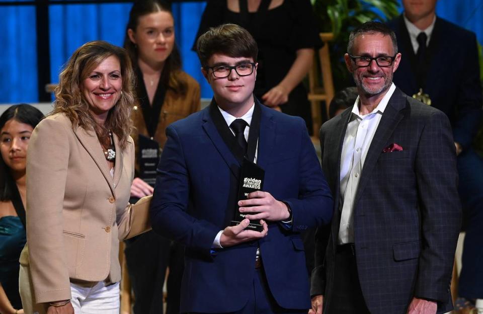 2023 Golden Herald Award winner for Social Science Ryan Gustafson with presenters Jackie Barron and Tom McDougal Thursday night.