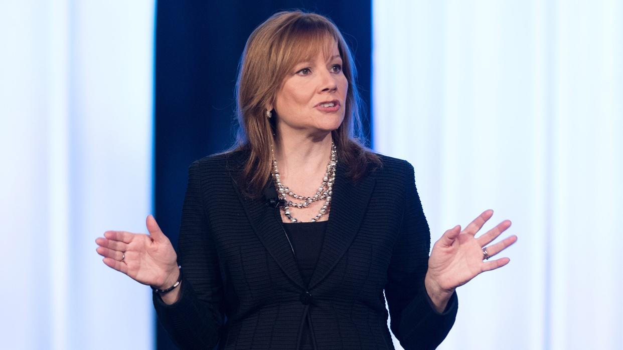 General Motors CEO Mary Barra addresses the Intelligent Transport Systems World Congress Sunday, September 7, 2014 in Detroit, Michigan.