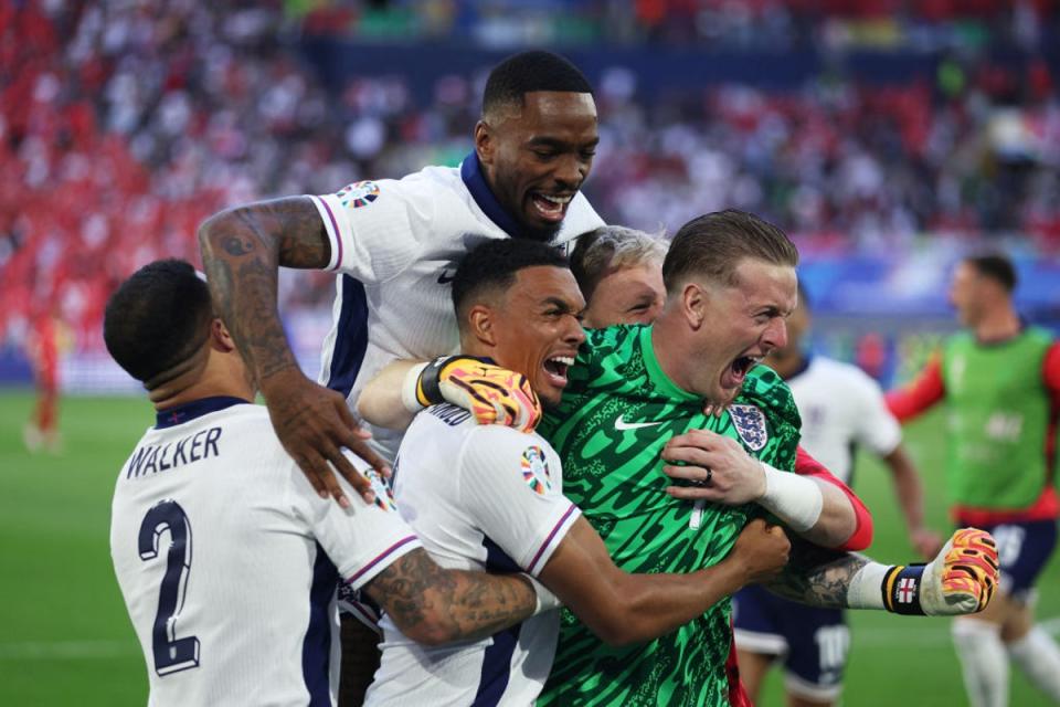 England celebrate after winning the shootout in Dusseldorf on Saturday (Getty)