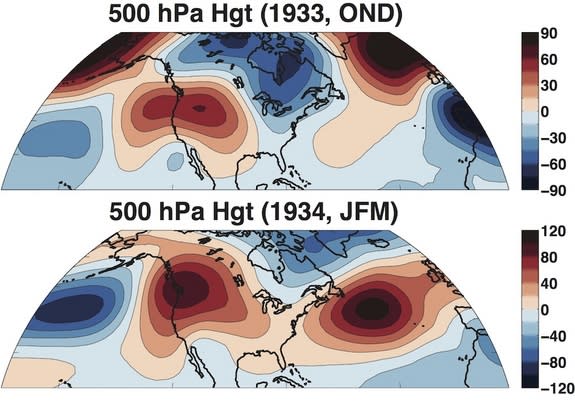 Red areas show the ridging atmospheric conditions that would have deflected storms coming into the West Coast in the winter of 1933-34.