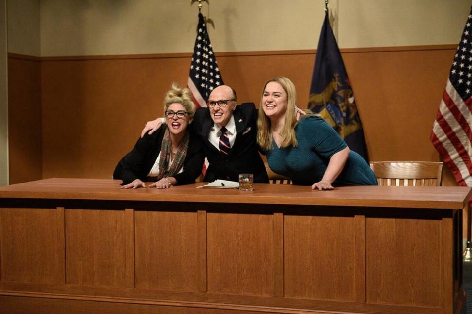 Lauren Holt, right, opens “Saturday Night Live” on Dec. 5 with fellow cast mates Cecily Strong and Kate McKinnon.