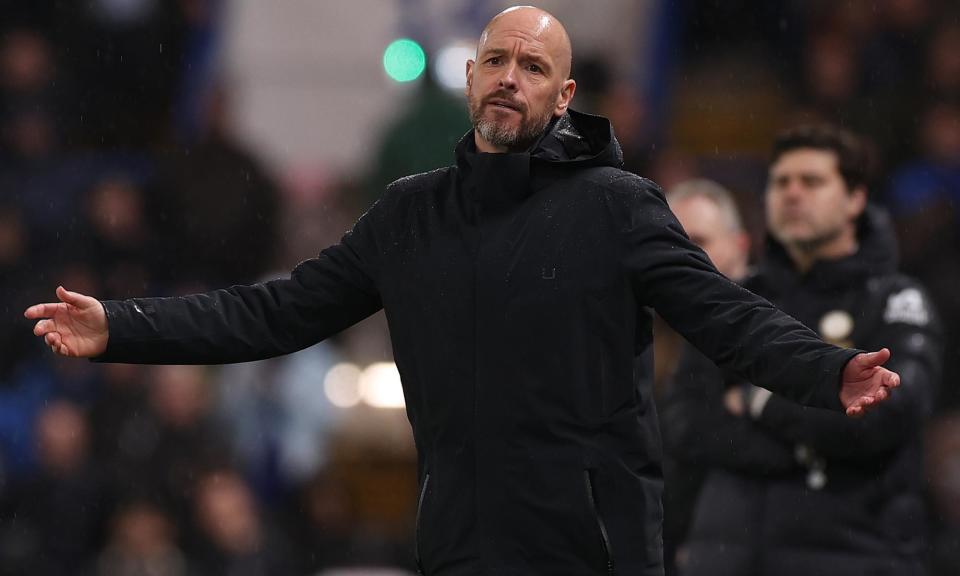 <span>Erik ten Hag shows his frustration at Stamford Bridge.</span><span>Photograph: Matthew Peters/Manchester United/Getty Images</span>