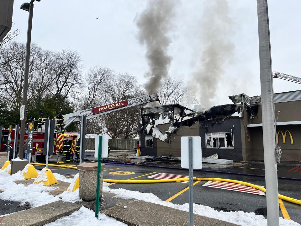 A section of Concord Pike (Route 202) is closed in Talleyville as responders battle a fire that has heavily damaged a McDonald's restaurant on Thursday (Jan. 18, 2024).