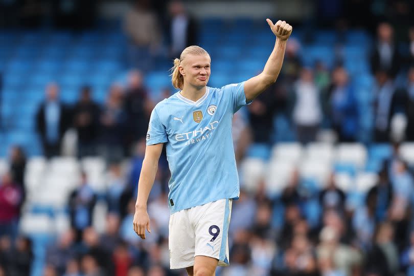 Erling Haaland of Manchester City gives a thumbs up to the fans following the Premier League match between Manchester City and Wolverhampton Wanderers at Etihad Stadium on May 04, 2024