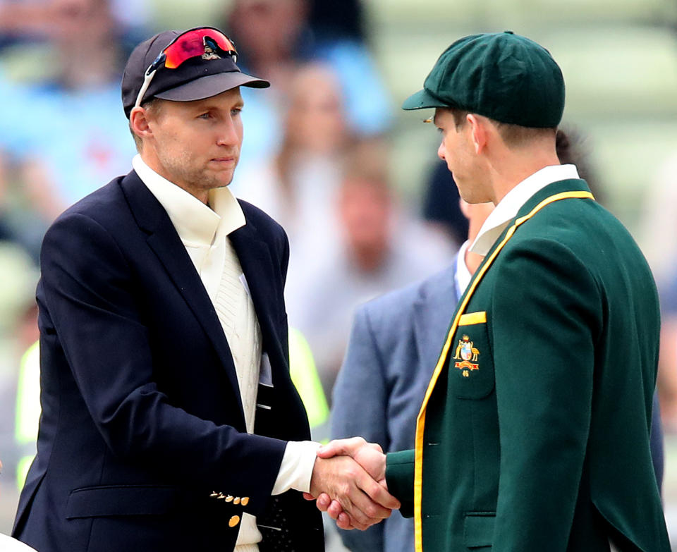 England's Joe Root (left) and Australia's Tim Paine (right) shake hands at the coin toss during day one of the Ashes Test match at Edgbaston, Birmingham. (Photo by Nick Potts/PA Images via Getty Images)