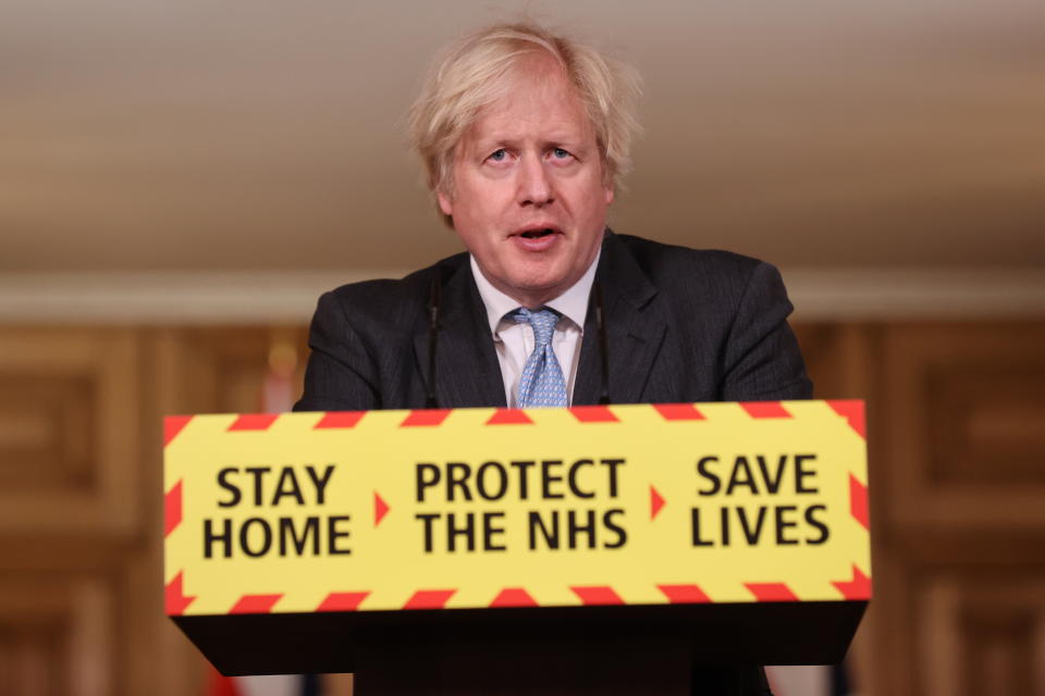 LONDON, ENGLAND - FEBRUARY 10: Prime Minister Boris Johnson speaks at a virtual press conference to give an update on the coronavirus Covid-19 pandemic, at Downing Street on Ferbruary 10, 2021 in London, England. The PM said the number of people in the UK who have received their first dose of a coronavirus vaccine has passed 13 million.  (Photo by Steve Reigate - WPA Pool/Getty Images)