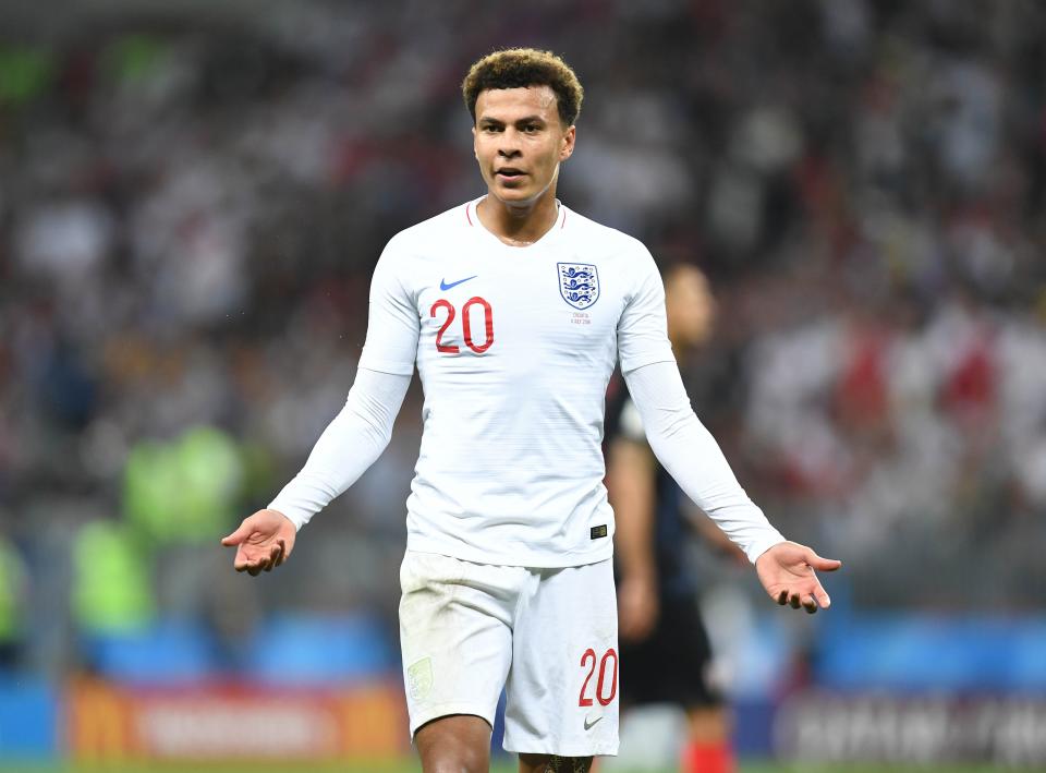 England midfielder Dele Alli reacts during game action against Croatia in the semifinals of the 2018 World Cup at Saint Petersburg Stadium in Moscow.