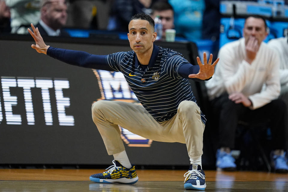 Marquette head coach Shaka Smart gesturers in the second half of a second-round college basketball game against Michigan State in the men's NCAA Tournament in Columbus, Ohio, Sunday, March 19, 2023. (AP Photo/Michael Conroy)