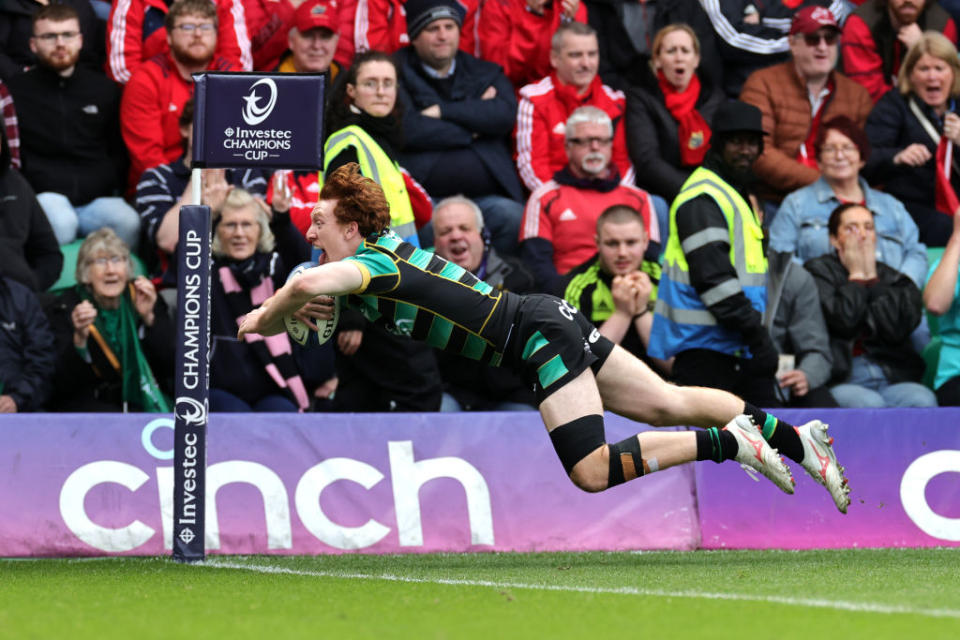 NORTHAMPTON, ENGLAND - APRIL 07: George Hendy of Northampton Saints scores his team's fourth try during the Investec Champions Cup Round Of 16 match between  Northampton Saints and Munster Rugby at cinch Stadium at Franklin's Gardens on April 07, 2024 in Northampton, England. (Photo by David Rogers/Getty Images)