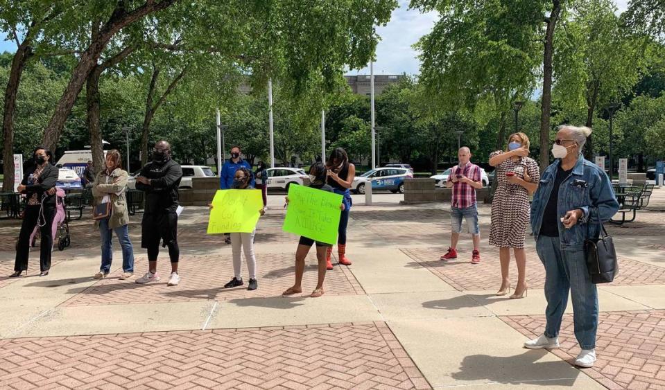 Local Black clergy leaders gather outside Govt. Center on Monday, May 10, 2021 in Charlotte, N.C., in support a county proposal to withhold some school funding until progress is made Charlotte-Mecklenburg Schools, especially among Black youths.