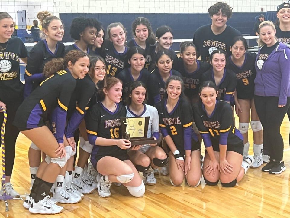 The Bogota girls volleyball team captured the NJSIAA Group 1 championship by defeating Delaware Valley, 25-14, 25-6, on Sunday, Nov. 13, 2022 in Franklin.
