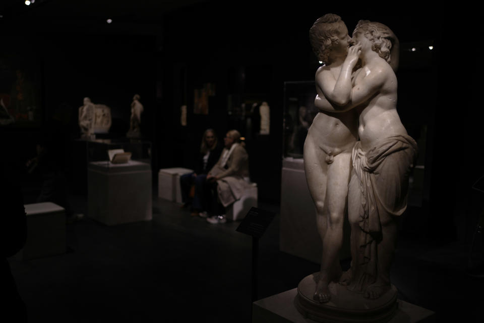 The Group of Eros and Psyche (Soul), A.D. 130-150 is on display ahead of the Greece's Acropolis Museum official launch of an exhibition, in Athens, Tuesday, Dec. 5, 2023. The artifact will be displayed as part of an exhibition "Meanings: Personifications and Allegories, from Antiquity to Today" that will include 165 works of art, many from leading European museums and many being loaned for the first time. (AP Photo/Thanassis Stavrakis)