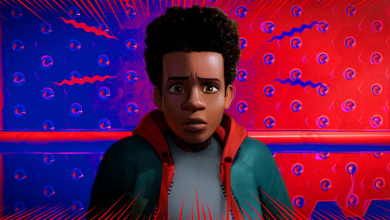 Miles Morales, voiced by Shameik Moore, in a scene from “Spider-Man: Into the Spider-Verse.”