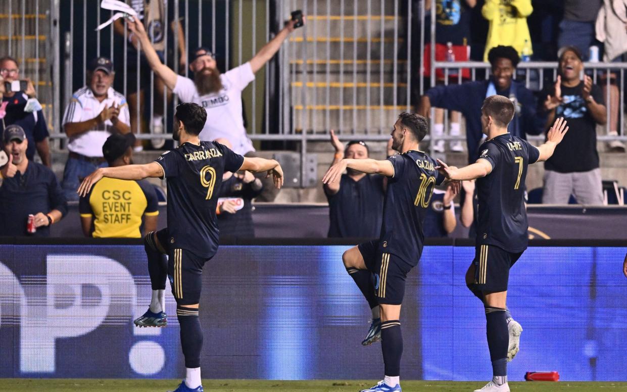 Philadelphia Union forward Julian Carranza and team-mates celebrate scoring against Atlanta United