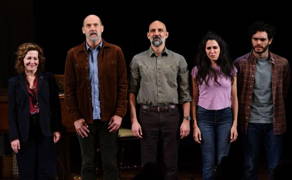 Betsy Aidem, Anthony Edwards, Nael Nacer, Francis Benhamou and Aria Shahghasemi in a “Prayer for the French Republic.” Stephen Lovekin/Shutterstock