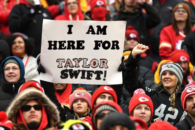 Taylor Swift fans flocked to games and social media to express their support of the singer during Kansas City Chiefs games during the regular season and postseason. File Photo by Dave Kaup/UPI