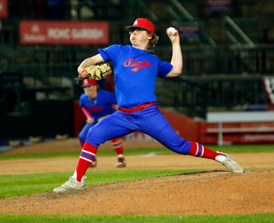 Adams senior Aidan Pearson throws a pitch in the sixth inning of a baseball game against New Prairie Monday, April 15, 2024, at Four Winds Field in South Bend.