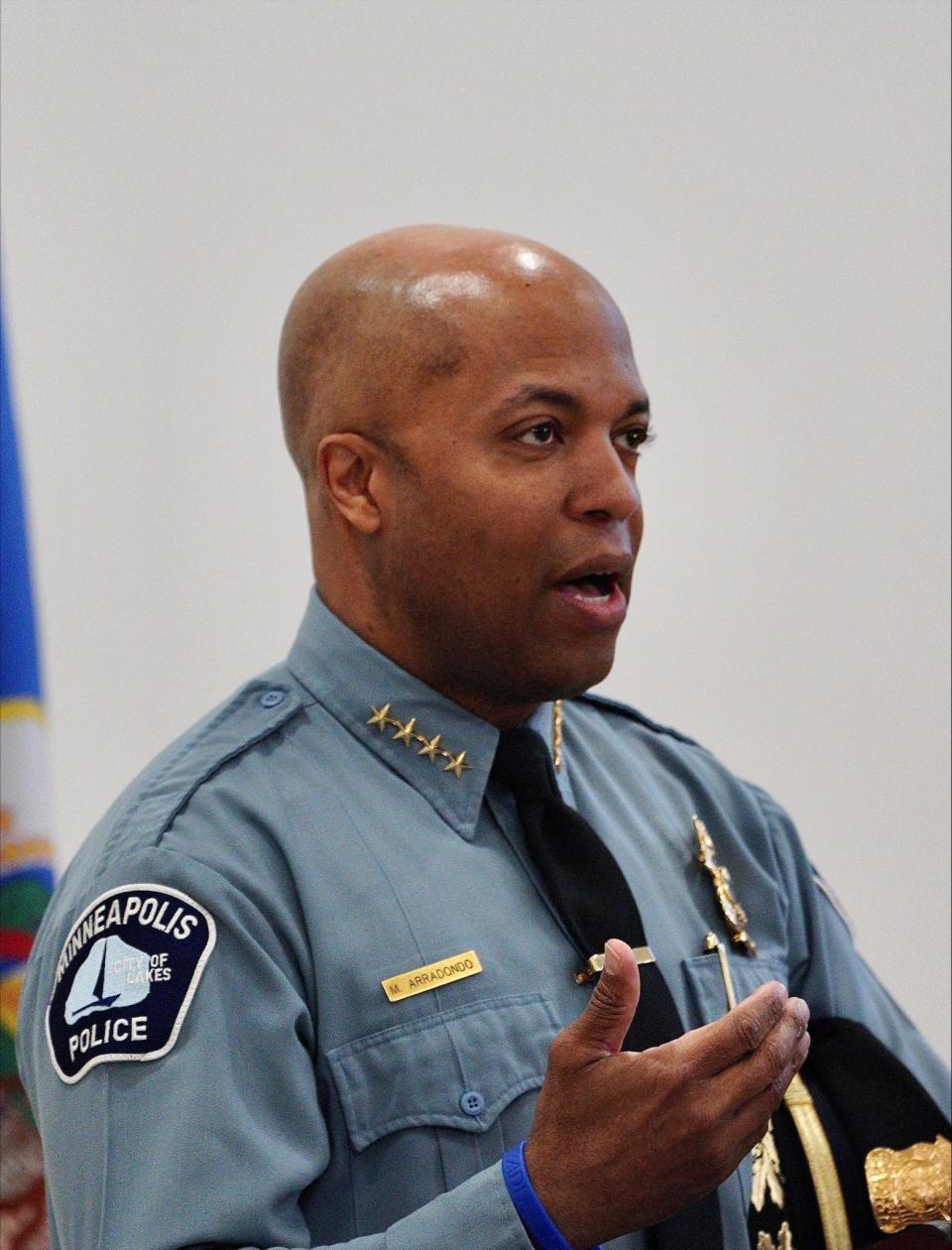 Minneapolis police Chief Medaria Arradondo speaks to reporters at a briefing on safety and security preparations for the Derek Chauvin trial, which began March 29, 2021.